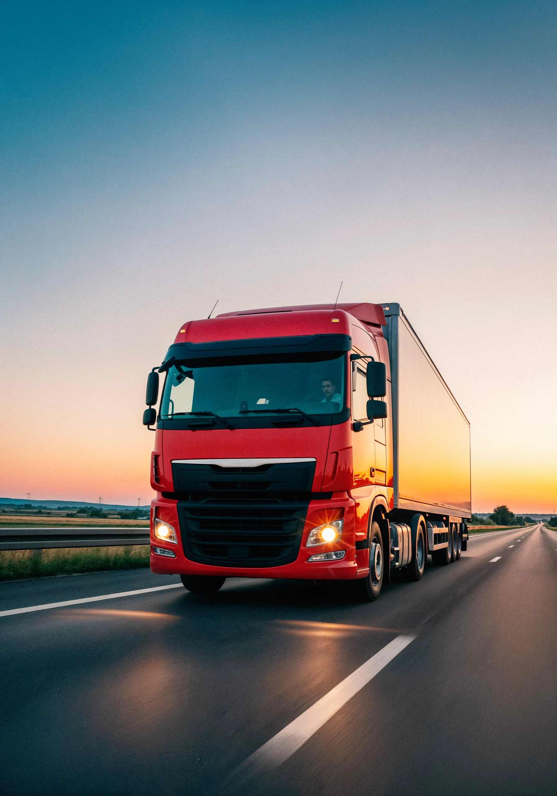 red-semi-truck-driving-highway-sunset
